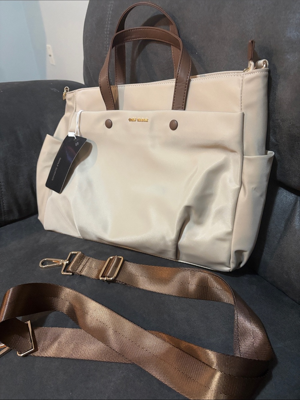 Tote - Nylon - Cream with Brown Handles - NWT